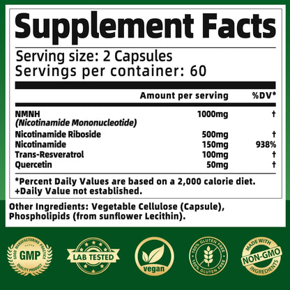 NMNH 1000mg NAD+ Support | Liposomal Resveratrol & NR | Vegan