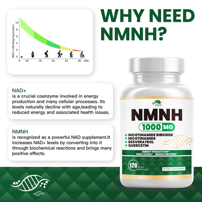NMNH (Dihydronicotinamide Mononucleotide) NMNH 1000mg - NAD+ Support, Energy & Focus, 120 Capsules