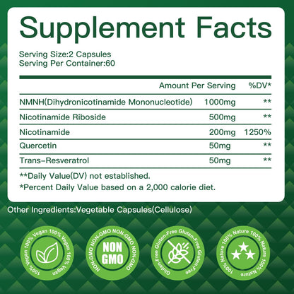 NMNH (Dihydronicotinamide Mononucleotide) NMNH 1000mg - NAD+ Support, Energy & Focus, 120 Capsules