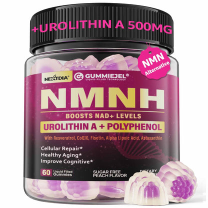 NMNH Gummies 300MG for Longevity – NAD+ Booster with Urolithin A, Polyphenols & Resveratrol | Sugar-Free 60ct