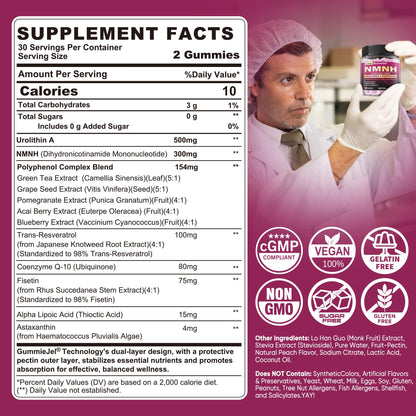 NMNH Gummies 300MG for Longevity – NAD+ Booster with Urolithin A, Polyphenols & Resveratrol | Sugar-Free 60ct