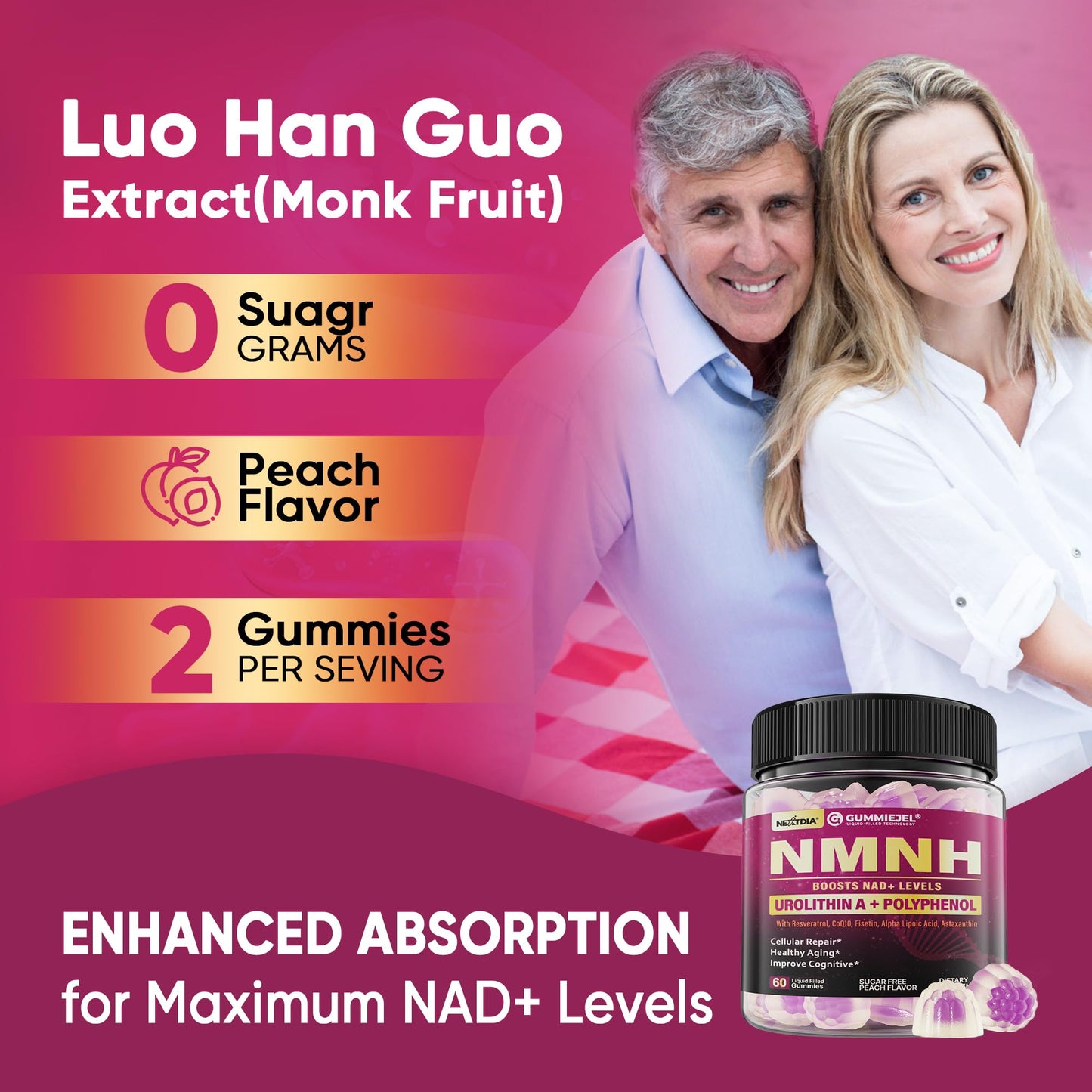 NMNH Gummies 300MG for Longevity – NAD+ Booster with Urolithin A, Polyphenols & Resveratrol | Sugar-Free 60ct