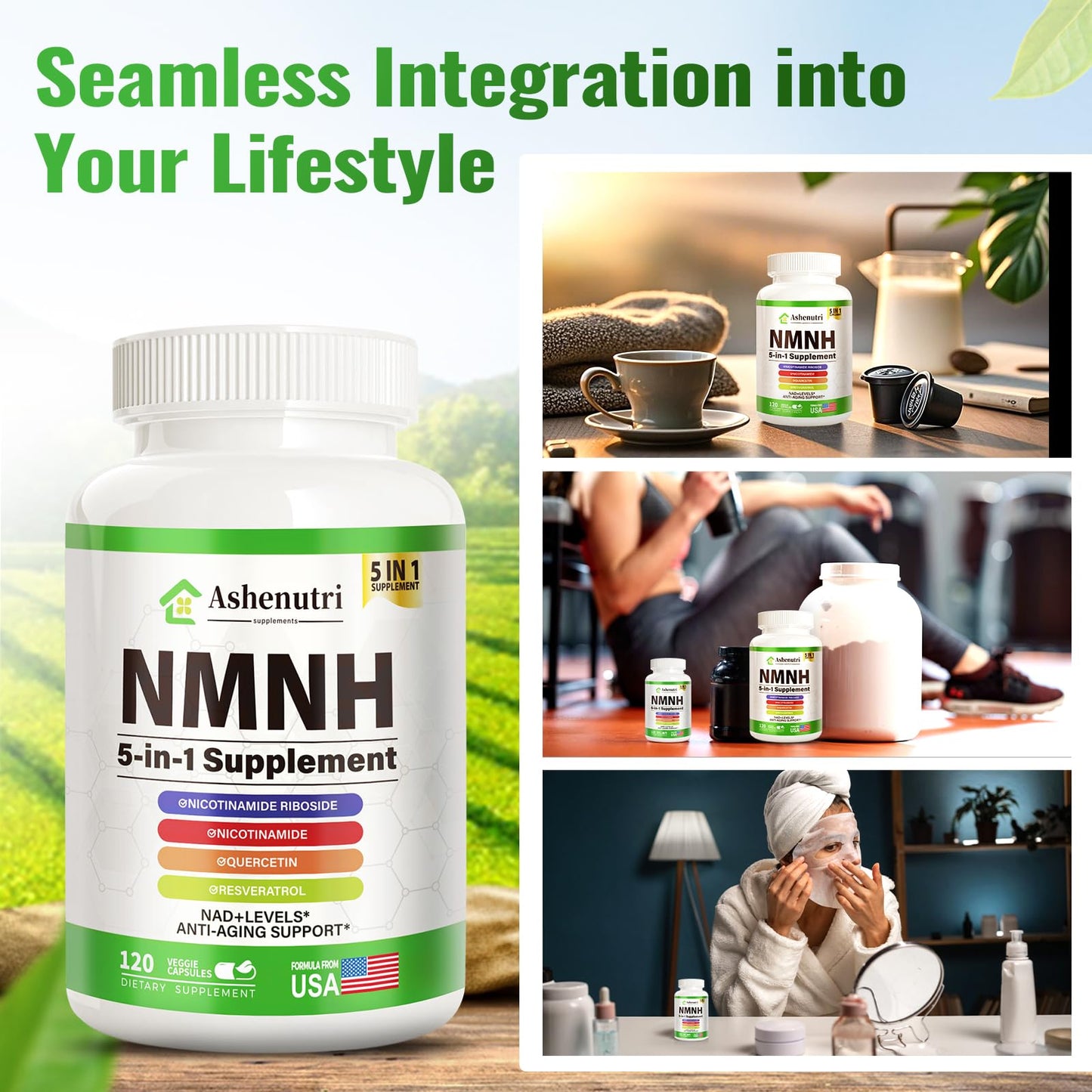 NMNH NMN Alternative Supplement with Niacinamide, Quercetin & Trans-Resveratrol | NAD+ Support (120 Caps)