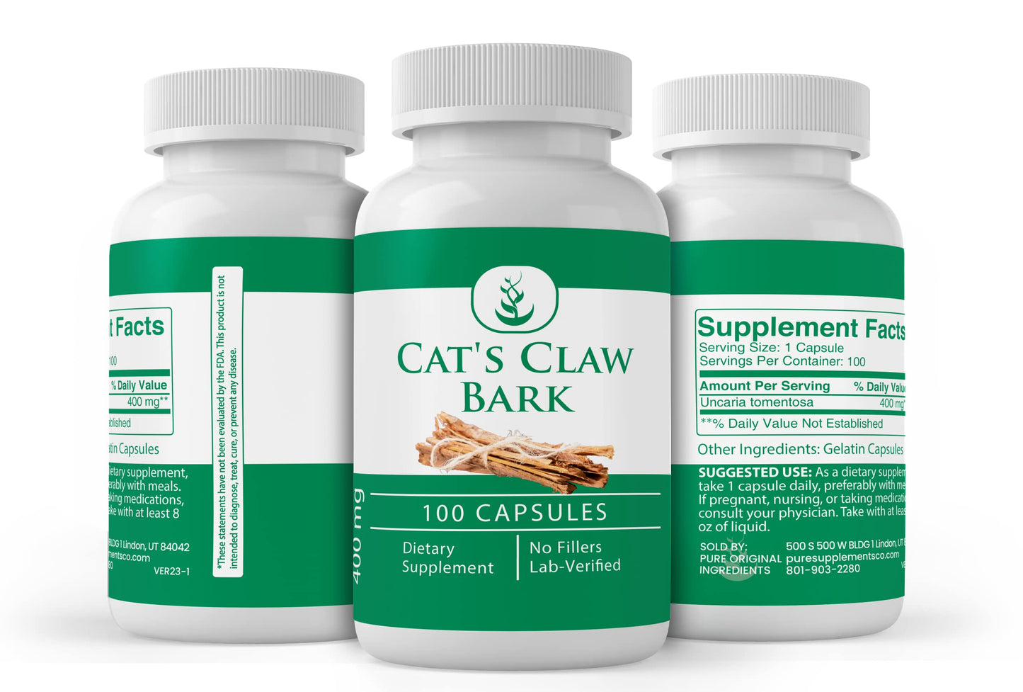 Pure Cat's Claw Bark Capsules – 100 Count, Additive-Free & Lab Verified