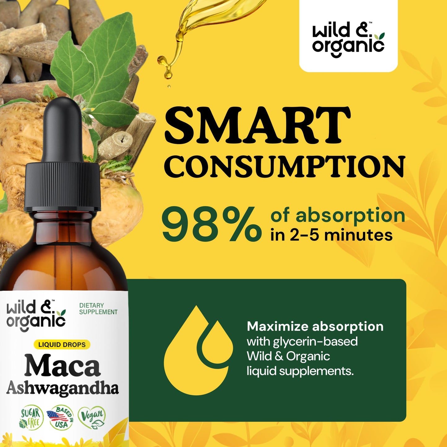 Wild & Organic Maca Ashwagandha Drops for Men and Women - Peruvian Maca Root & Ashwagandha Tincture - 2 fl oz