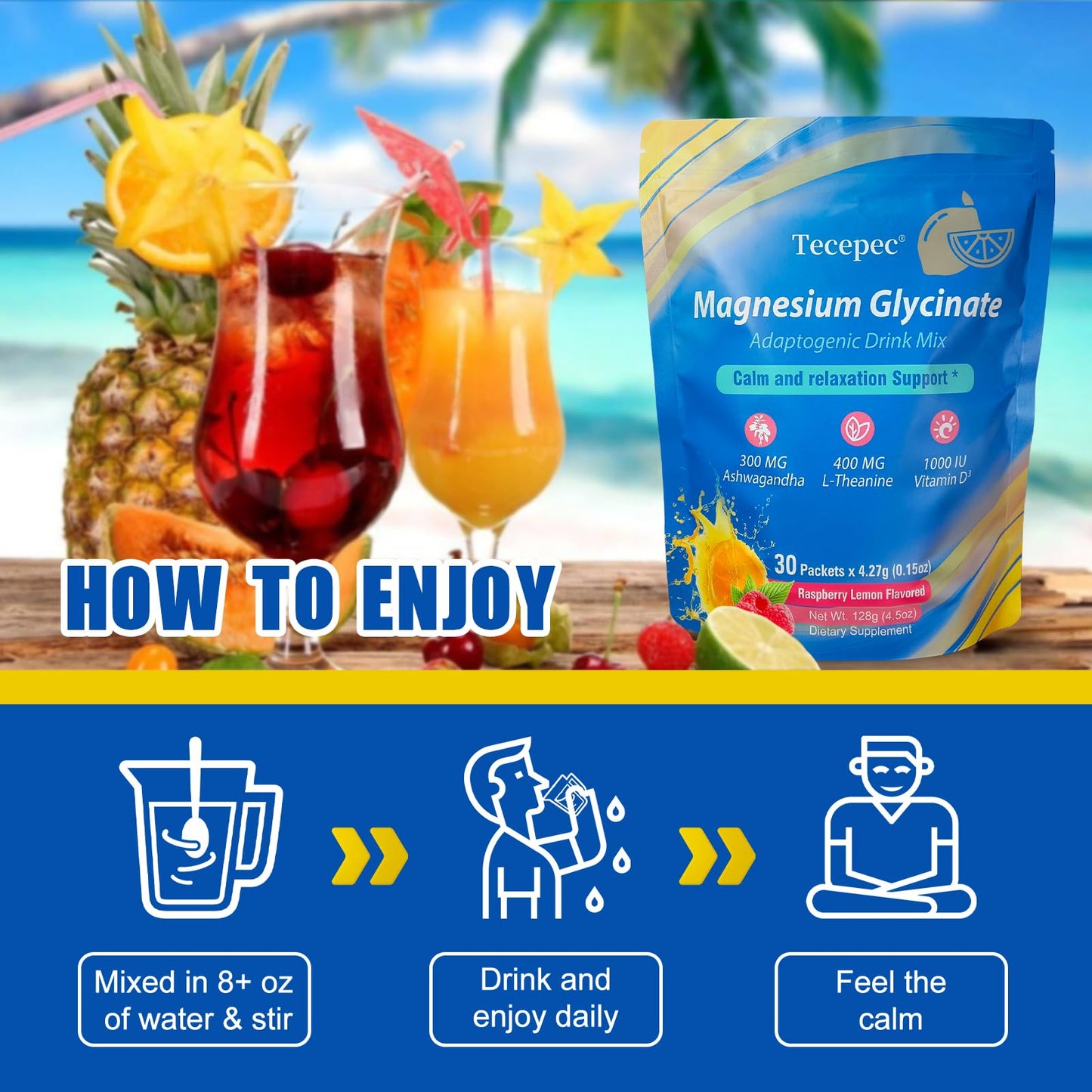 Cortisol Powdered Drink Mix with Magnesium Glycinate, L-Theanine, Ashwagandha & Vitamin D3 – Raspberry Lemonade, 30 Packets