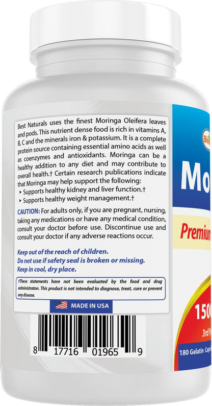 Best Naturals Moringa Extract 10:1 1500mg – 180 Capsules | Superfood for Healthy Wellbeing