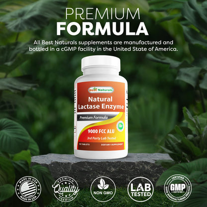 Best Naturals Lactase Enzyme Tablets for Lactose Intolerance - 9000 FCC ALU, 90 Count