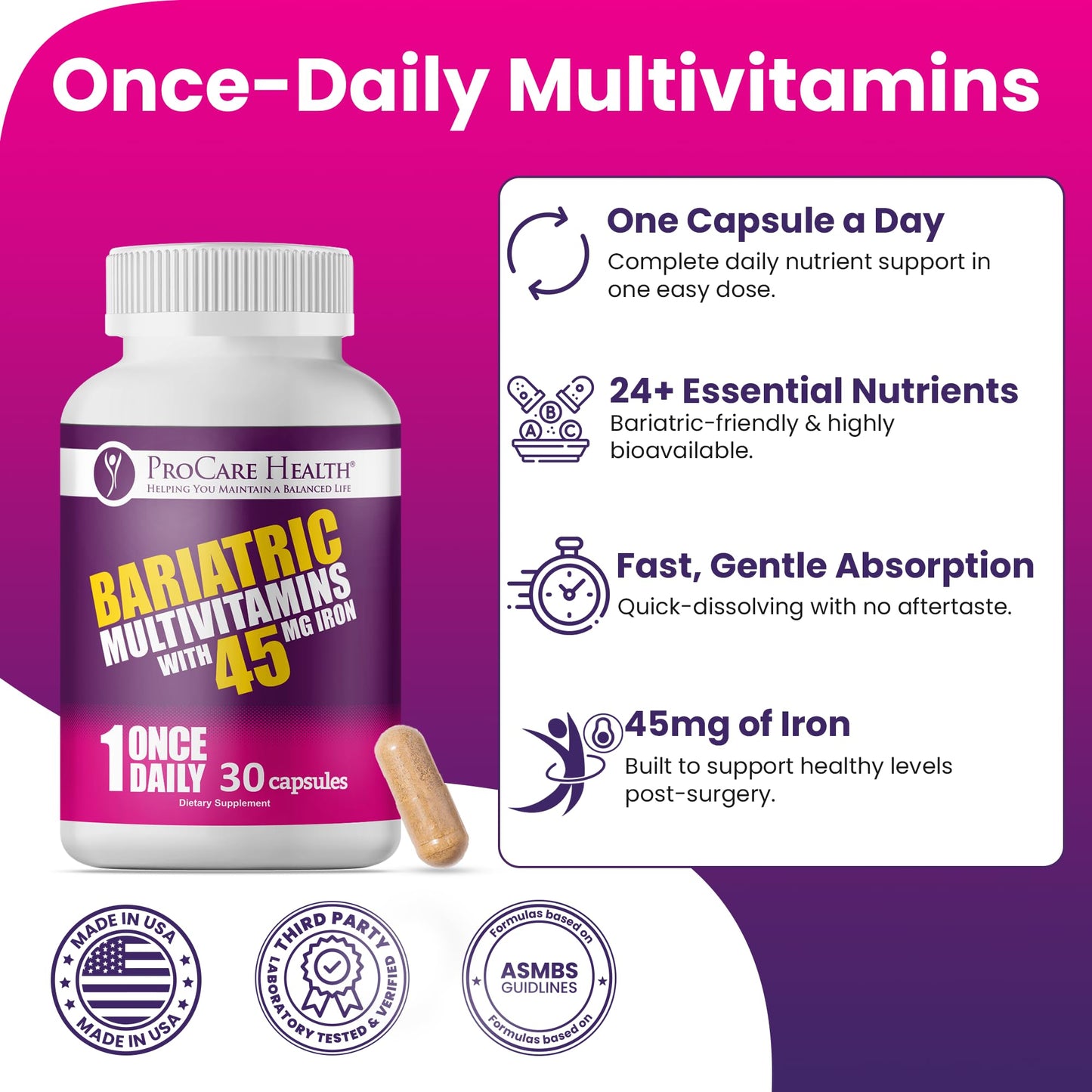 ProCare Health Bariatric Multivitamin with 45mg Iron - 30-Capsule Post-Op Support (Gluten-Free, No Artificial Colors)