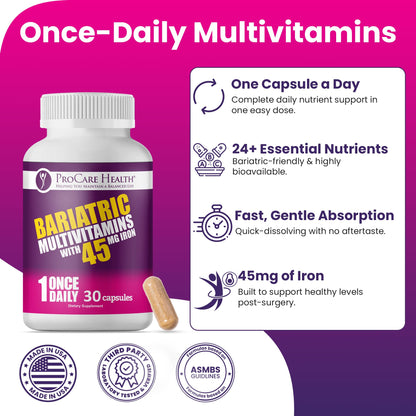 ProCare Health Bariatric Multivitamin with 45mg Iron - 30-Capsule Post-Op Support (Gluten-Free, No Artificial Colors)