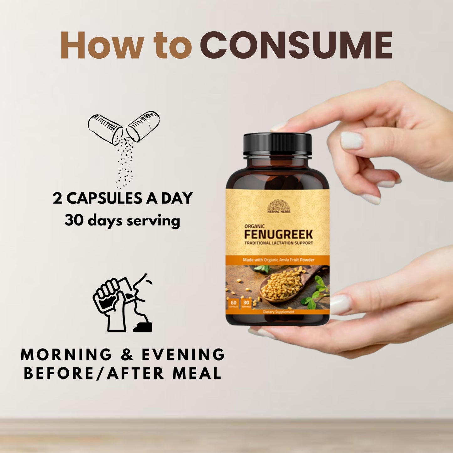 Hebhac Herbs Fenugreek Capsules for Women - 60 Capsules | 1000mg Lactation & Breastfeeding Support