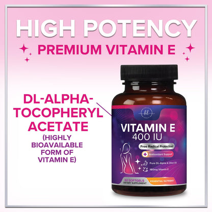 Vitamin E 400 IU (180 mg) – Hair & Skin Support, Immune Health – Non-GMO, Gluten Free | 60 Softgels