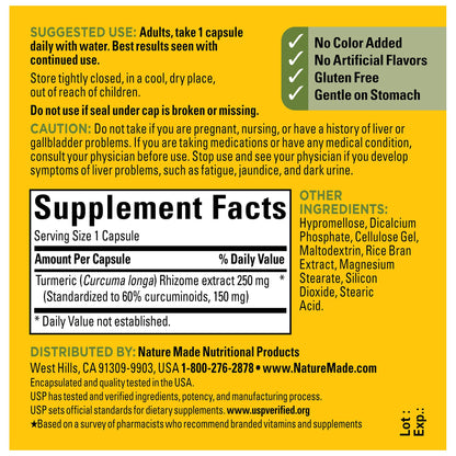 Nature Made High Absorption Turmeric Curcumin Capsules – 250 mg, 30-Count