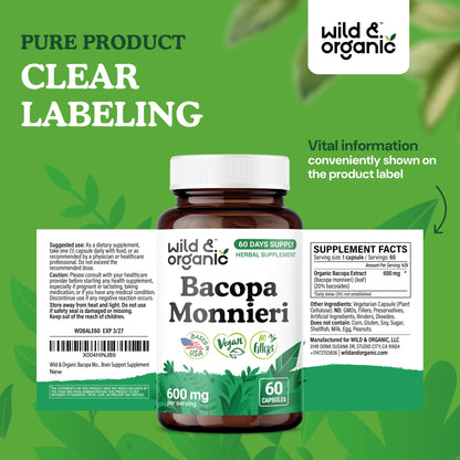 Wild & Organic Bacopa Capsules 600 mg – Brain Support, Vegan, Non-GMO