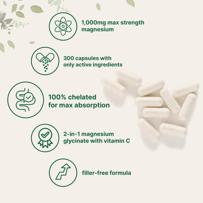 Pure Magnesium Glycinate 1,000mg | 300 Capsules | Chelated for Maximum Absorption + Vitamin C