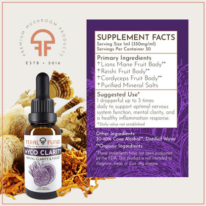 Feral Fungi Myco-Clarity Tincture - 100% Pure Mushroom Extract | USA-Grown 1 oz