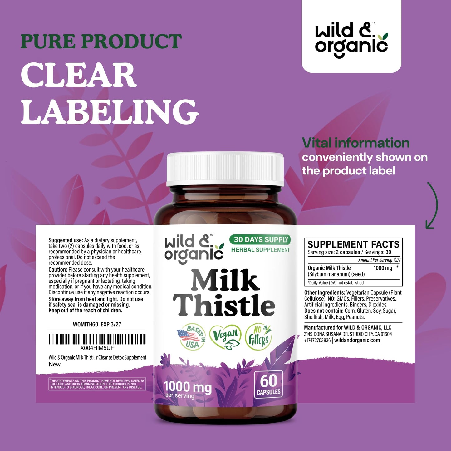 Wild & Organic Milk Thistle 1000mg Capsules - Liver Support, 60 Vegan Capsules