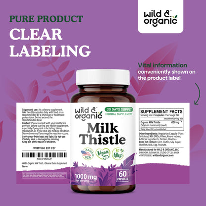 Wild & Organic Milk Thistle 1000mg Capsules - Liver Support, 60 Vegan Capsules
