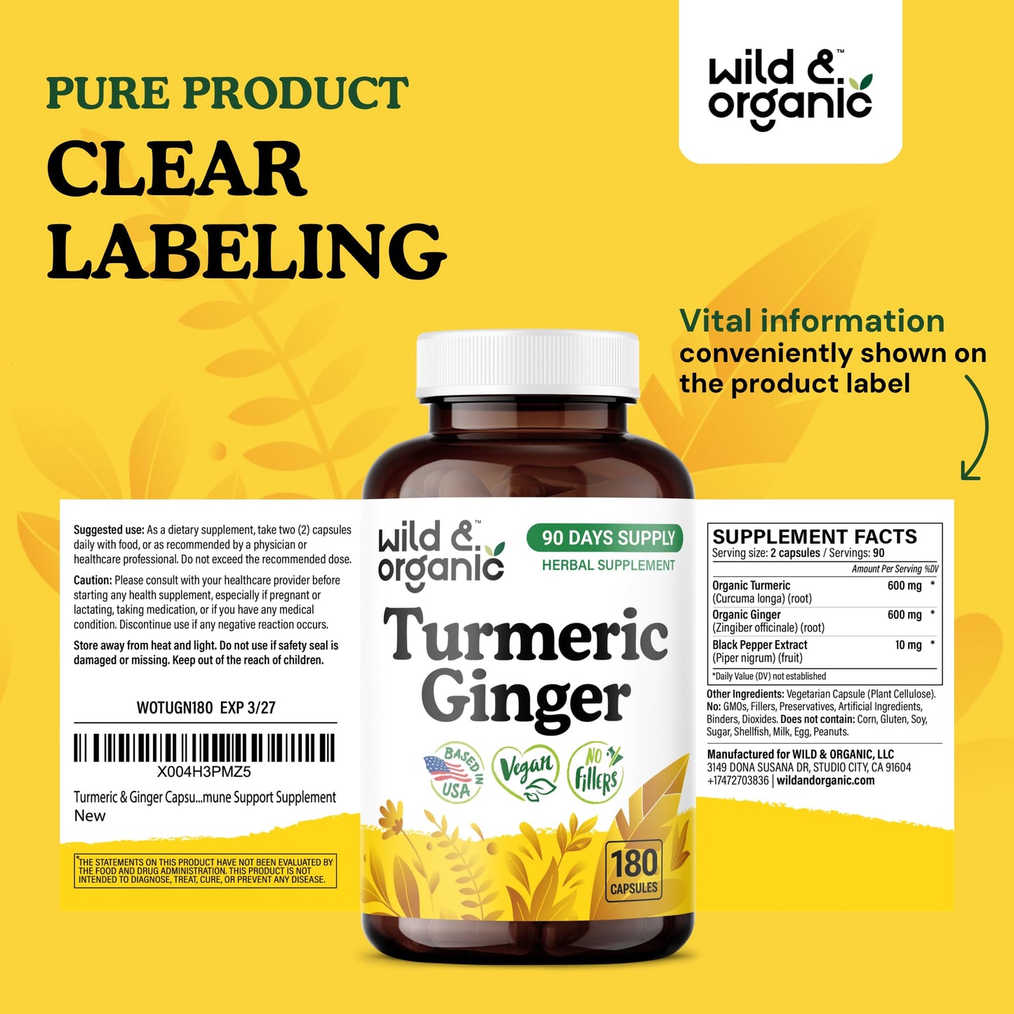 Wild & Organic Turmeric & Ginger Capsules | Mobility & Immune Support | 180 Count | Vegan