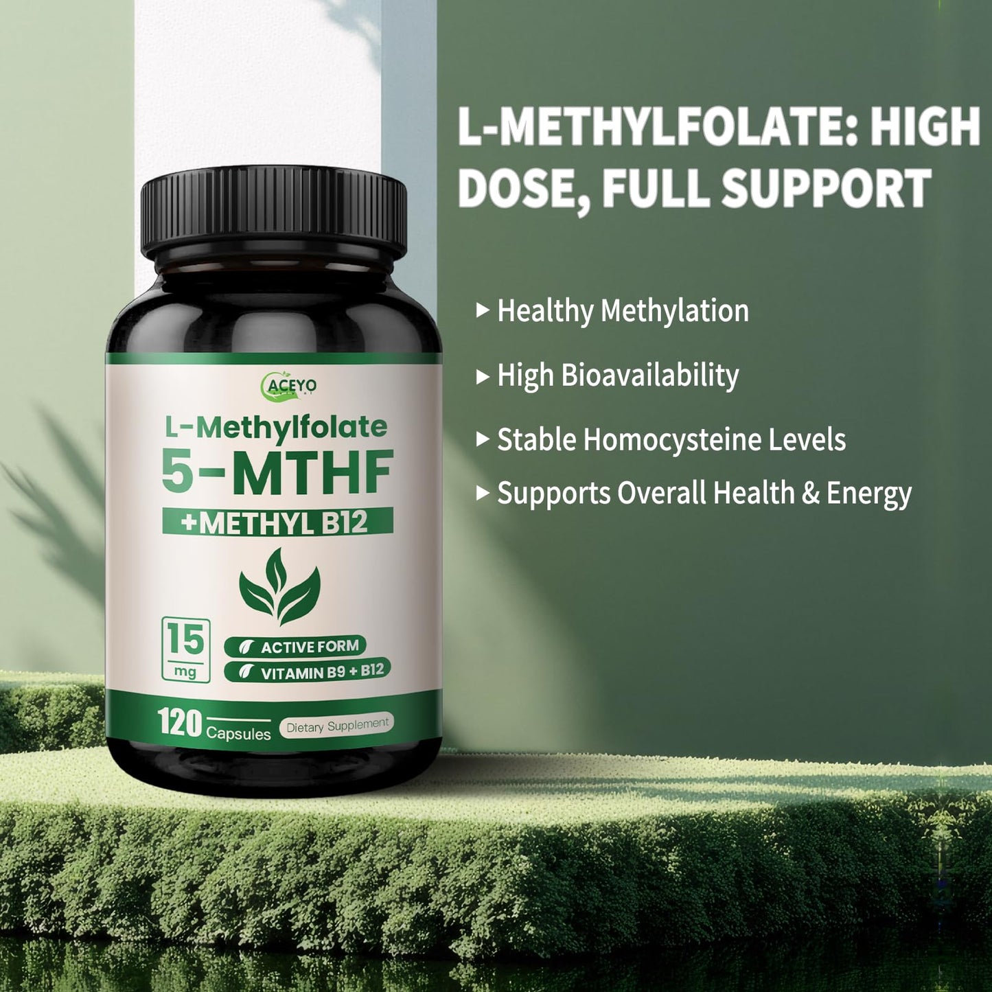 L-Methylfolate 15mg Supplement with 5-MTHF & Methyl B12 – Direct Absorption, 120 Capsules, Non-GMO, No Fillers