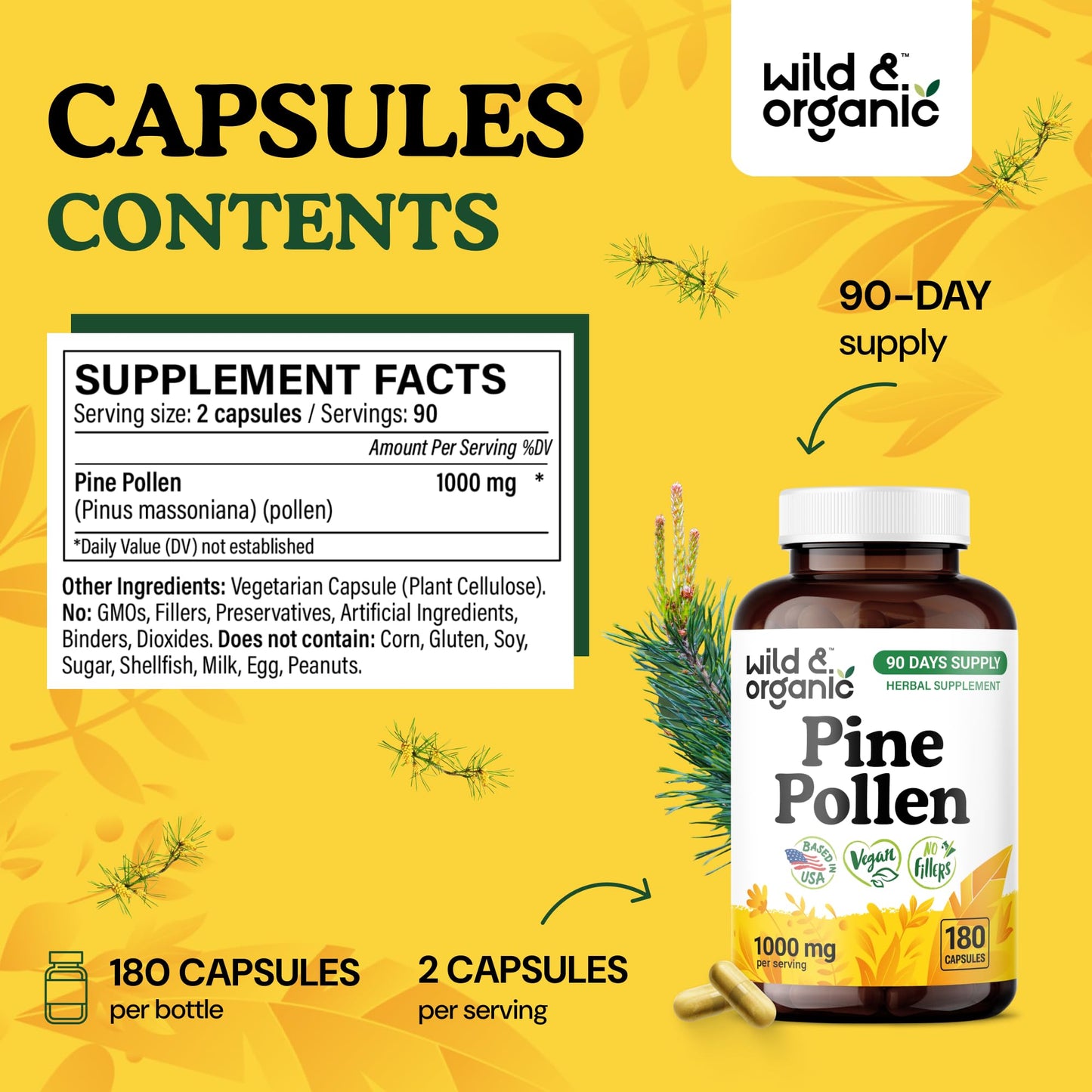 Wild & Organic Pine Pollen for Men – 1000 mg Capsules, Vegan & Non-GMO