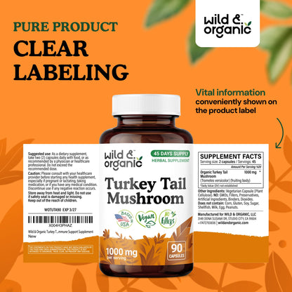 Wild & Organic Turkey Tail Mushroom Capsules 1000 mg – Immune Support (90 Count) | Vegan, Non-GMO