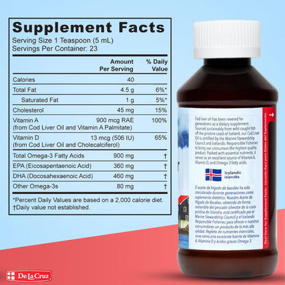 De La Cruz Cod Liver Oil Liquid – Pure Wild-Caught Icelandic Fish Oil 4 FL OZ (118 mL)