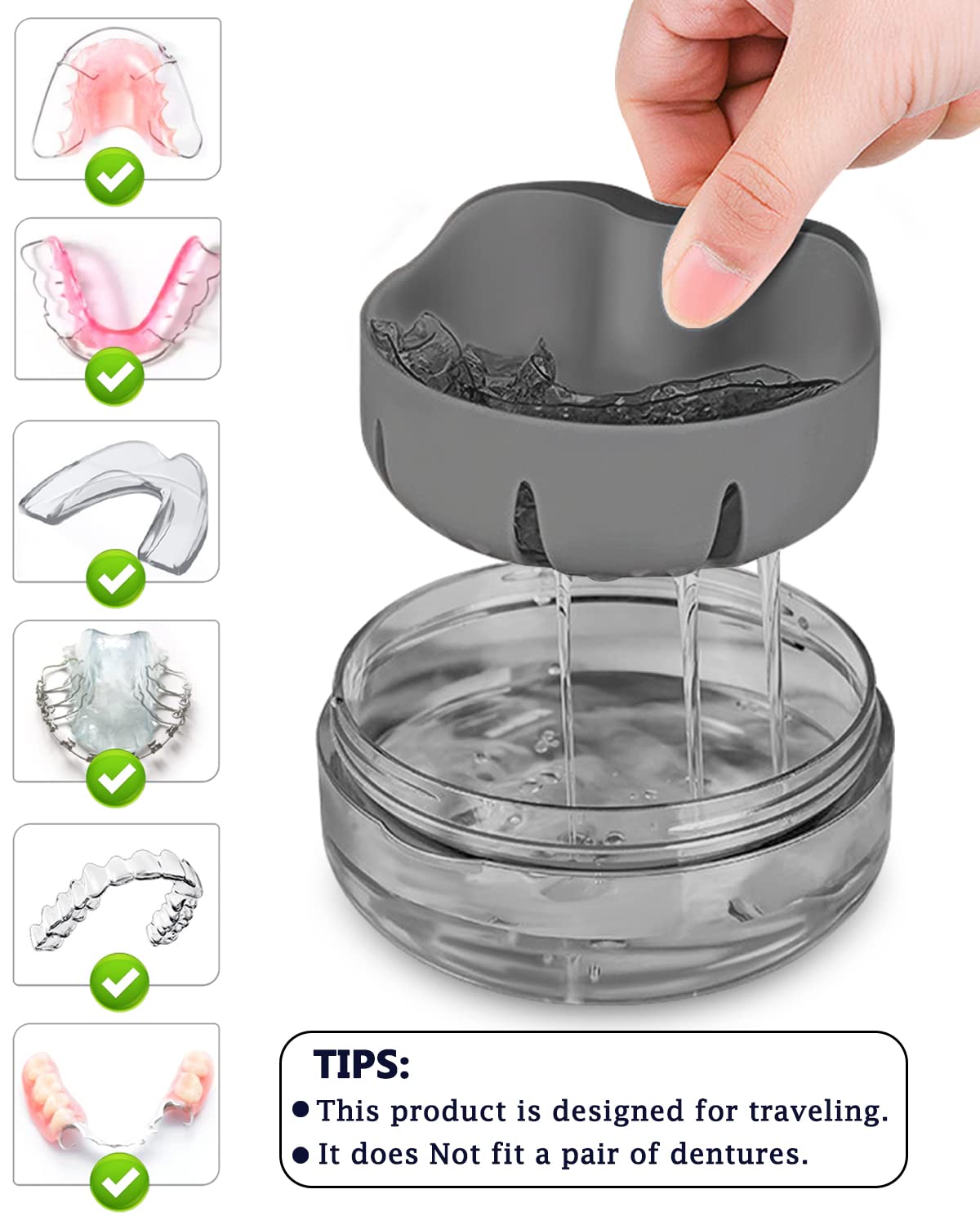 No-Leak Denture Case – Travel Denture Bath Box, Black | Strainer & Magnetic Mirror