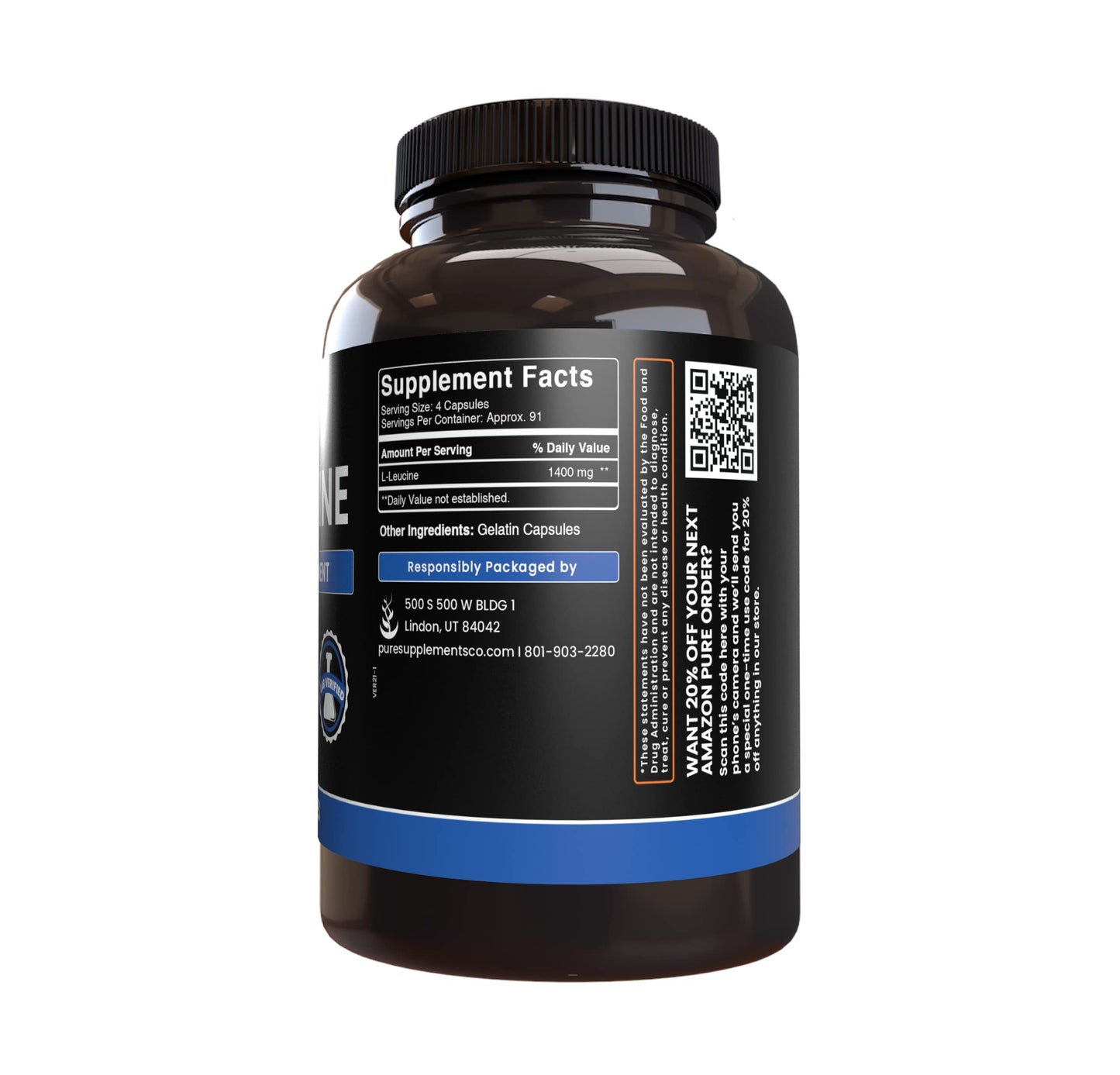 Pure Original Ingredients L-Leucine (365 Capsules) No Magnesium Or Rice Fillers, Always Pure, Lab Verified