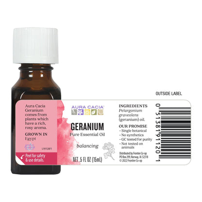 Aura Cacia 100% Pure Geranium Essential Oil | GC/MS Tested for Purity | 15 ml (0.5 fl oz) | Pelargonium graveolens