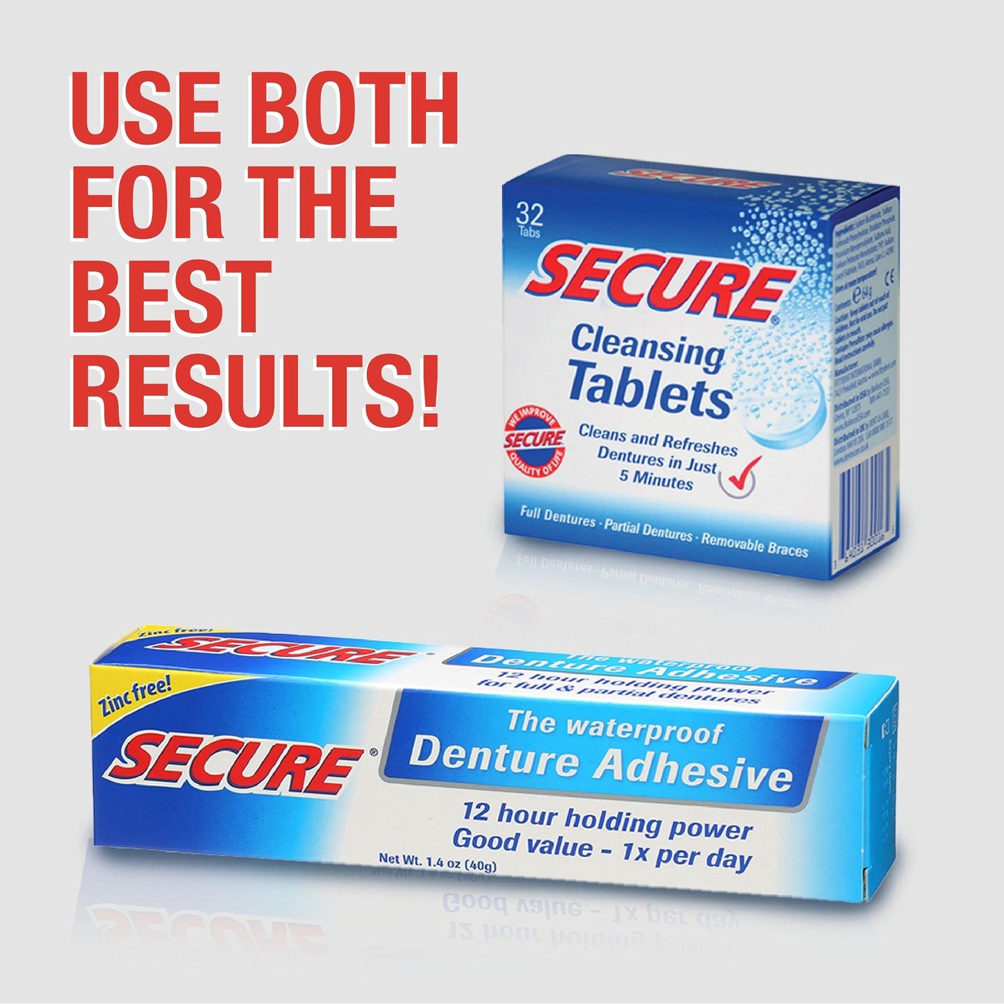 Secure Waterproof Denture Adhesive – Zinc Free, Extra Strong Hold (1.4 oz x 2)