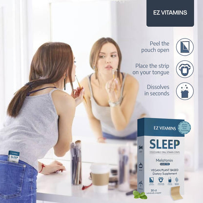 EZ VITAMINS Dissolvable Sleep Strips – 5 mg Melatonin, Valerian, L-Theanine, Vitamin B6 | Fresh Mint | 30ct