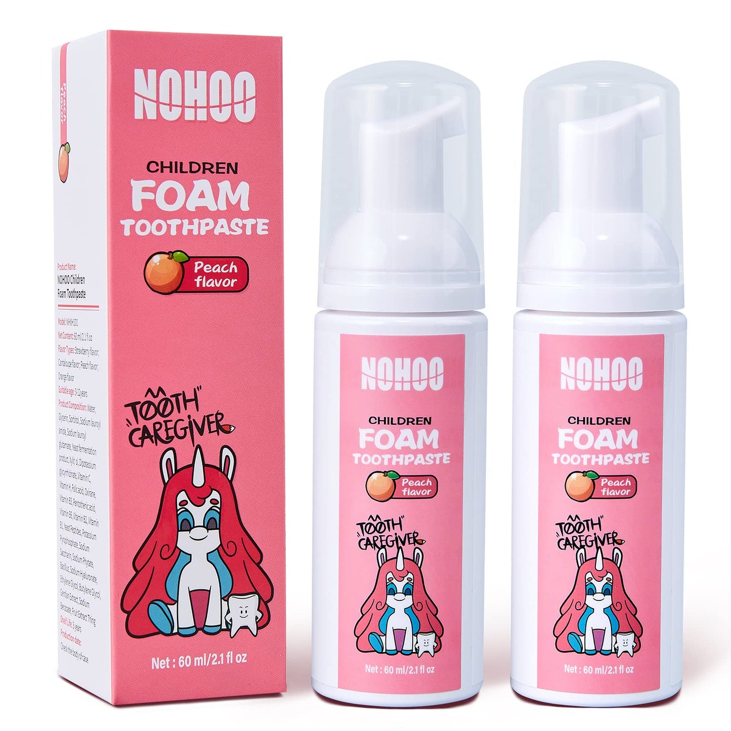 NOHOO Fluoride Free Foam Toothpaste for Kids – Peach Flavor (2 Pack)