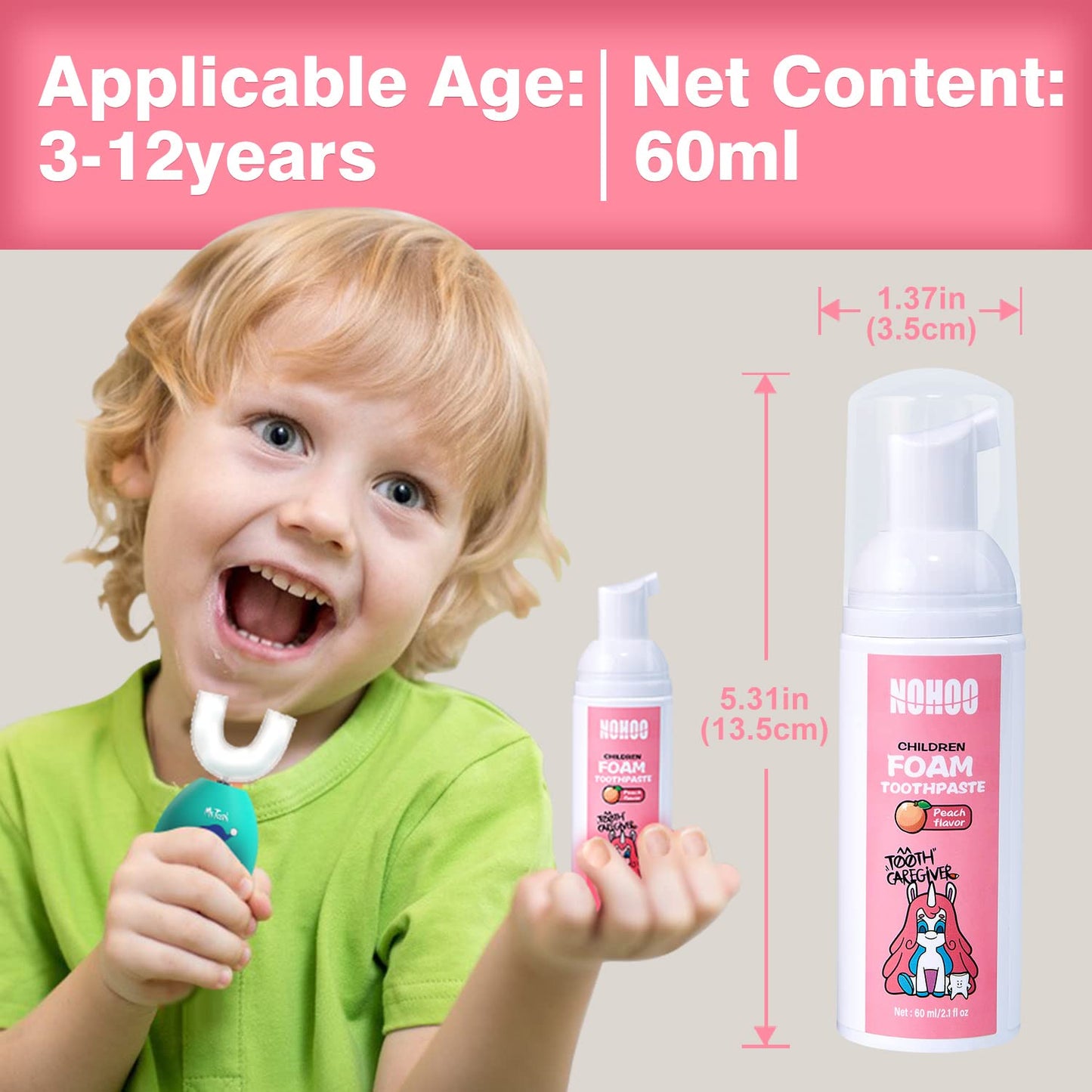 NOHOO Fluoride Free Foam Toothpaste for Kids – Peach Flavor (2 Pack)