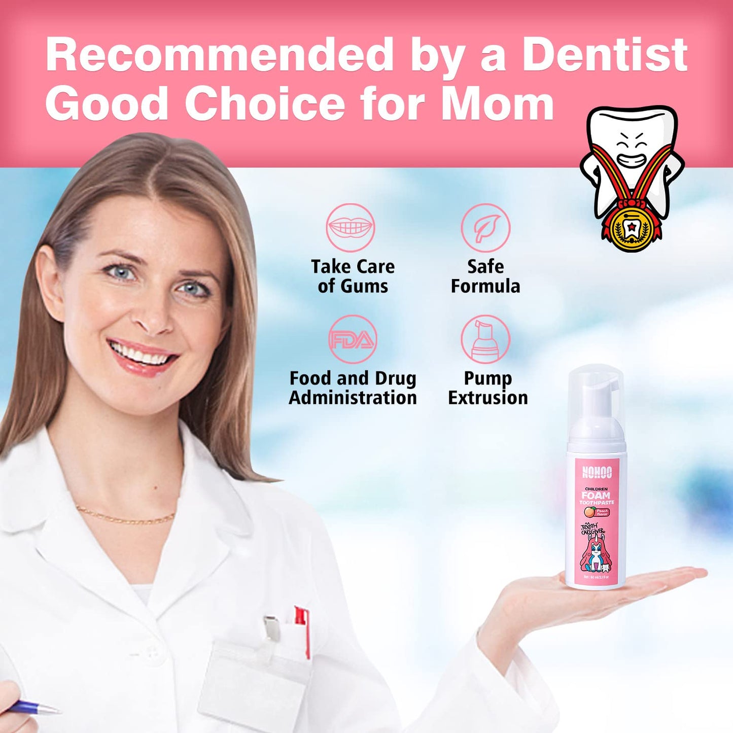 NOHOO Fluoride-Free Foam Toothpaste for Kids – Orange & Peach Fruit Flavour (60ml Pump)
