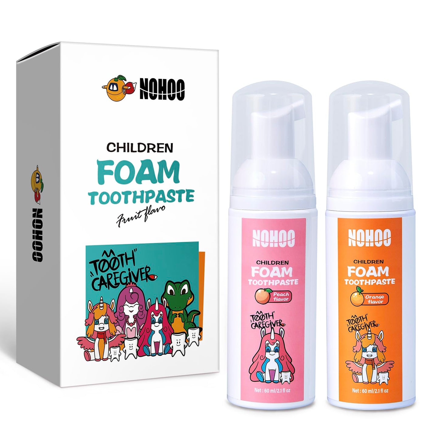 NOHOO Fluoride-Free Foam Toothpaste for Kids – Orange & Peach Fruit Flavour (60ml Pump)