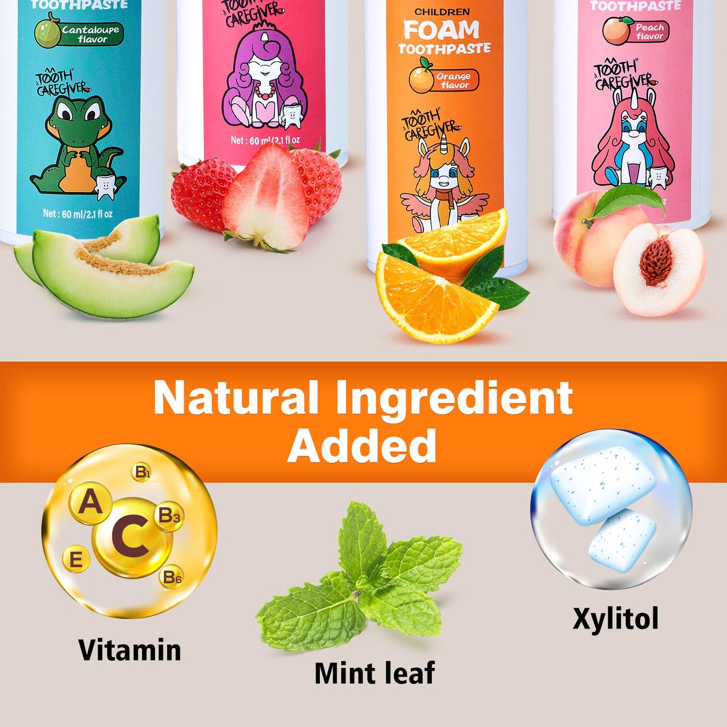NOHOO Fluoride-Free Foam Toothpaste for Kids – Orange & Peach Fruit Flavour (60ml Pump)