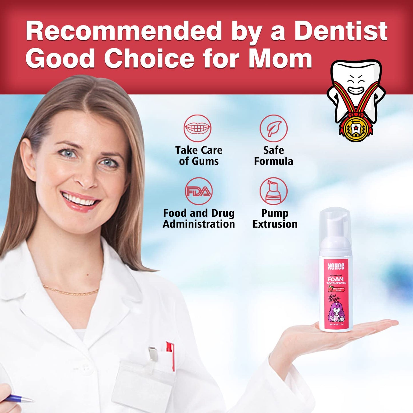 NOHOO Fluoride-Free Foam Toothpaste for Kids – Strawberry & Peach Flavors