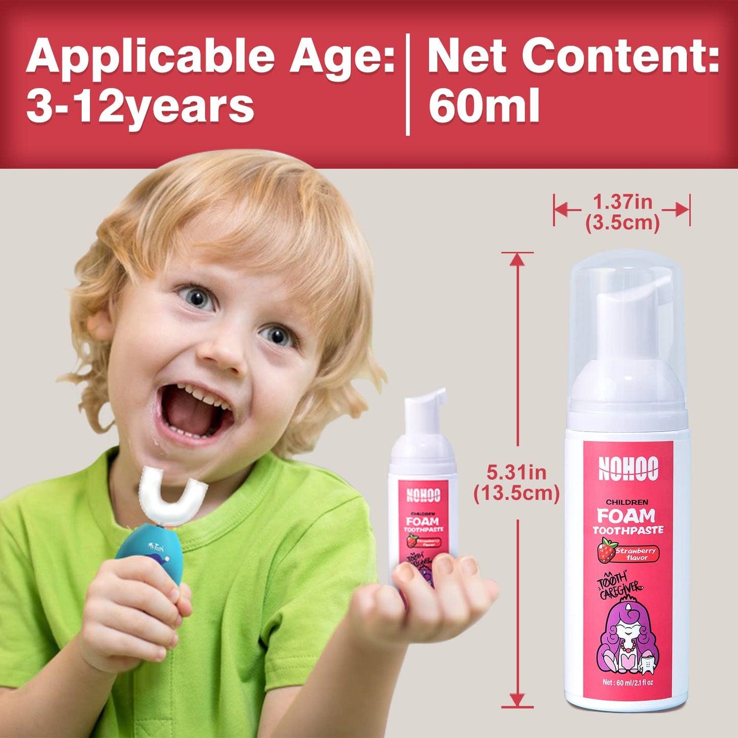 NOHOO Fluoride-Free Foam Toothpaste for Kids – Strawberry & Peach Flavors