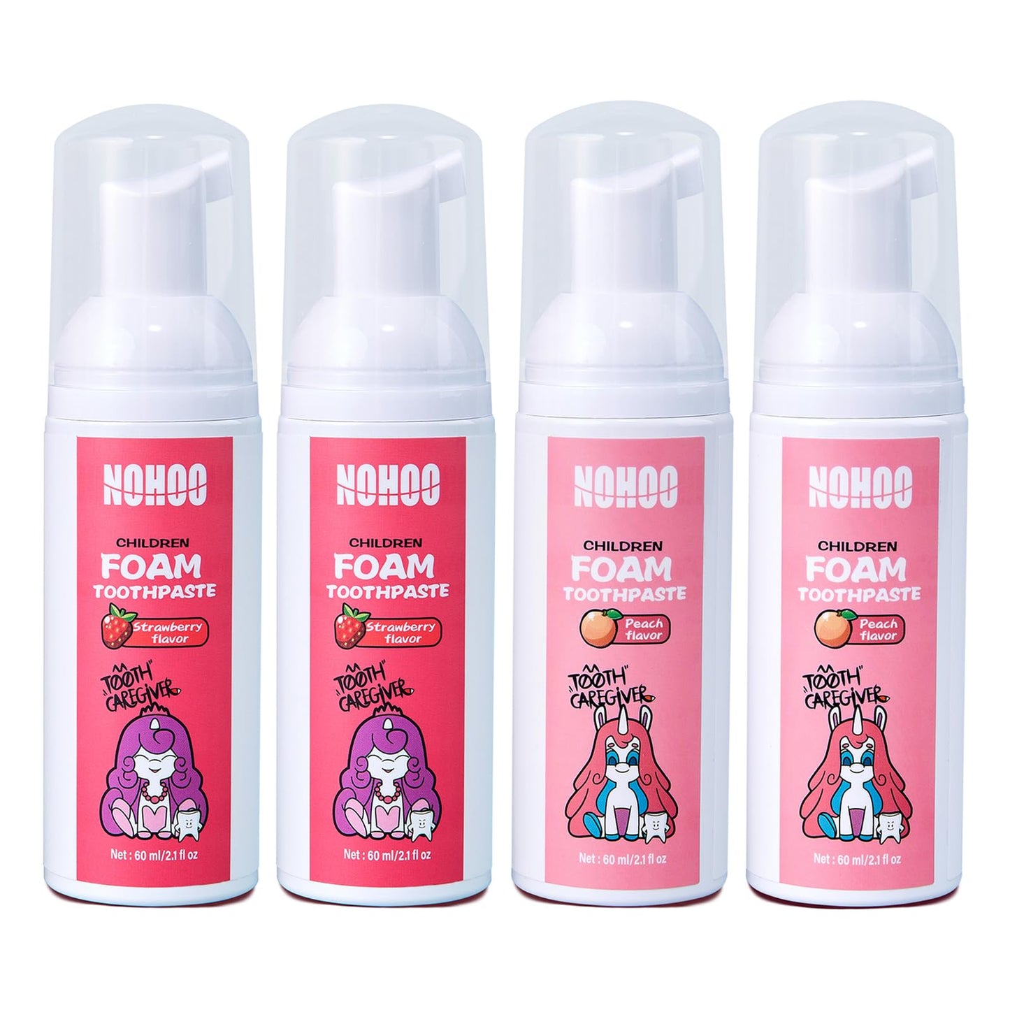 NOHOO Fluoride-Free Foam Toothpaste for Kids – Strawberry & Peach (60ml, 2 Strawberry + 2 Peach)