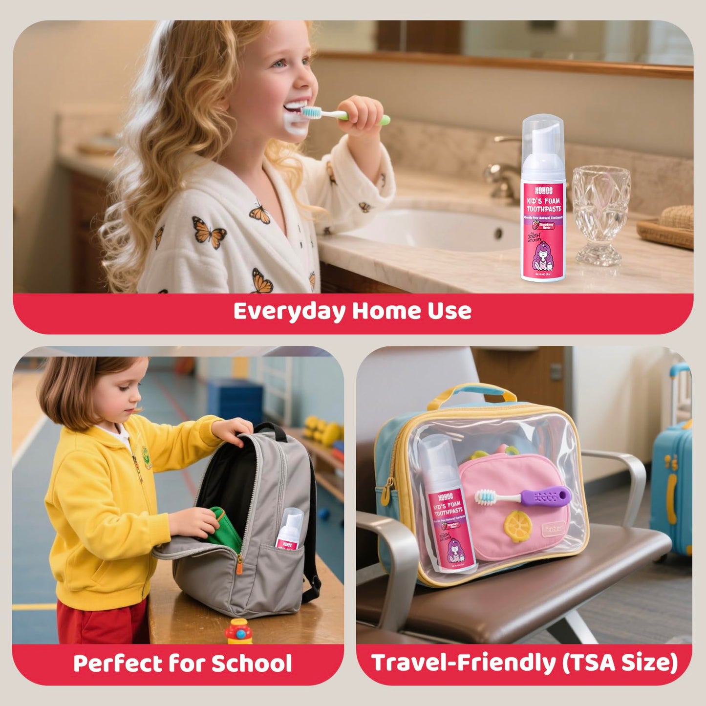NOHOO Fluoride-Free Strawberry Foam Toothpaste for Kids (2-Pack) - Gentle Training Toothpaste