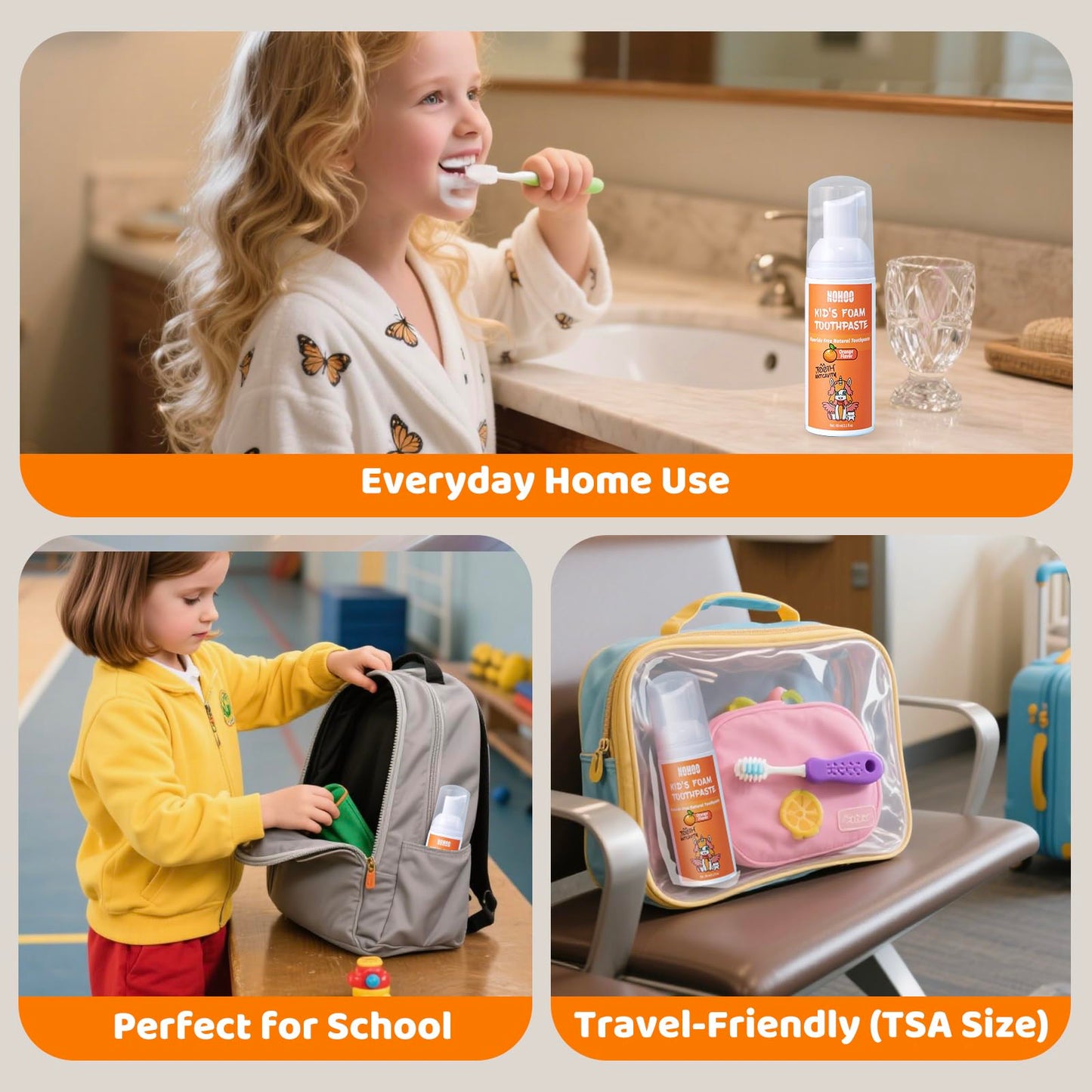 NOHOO Fluoride Free Foam Toothpaste for Kids - Natural Fruit Flavour Strawberry Orange Peach Watermelon