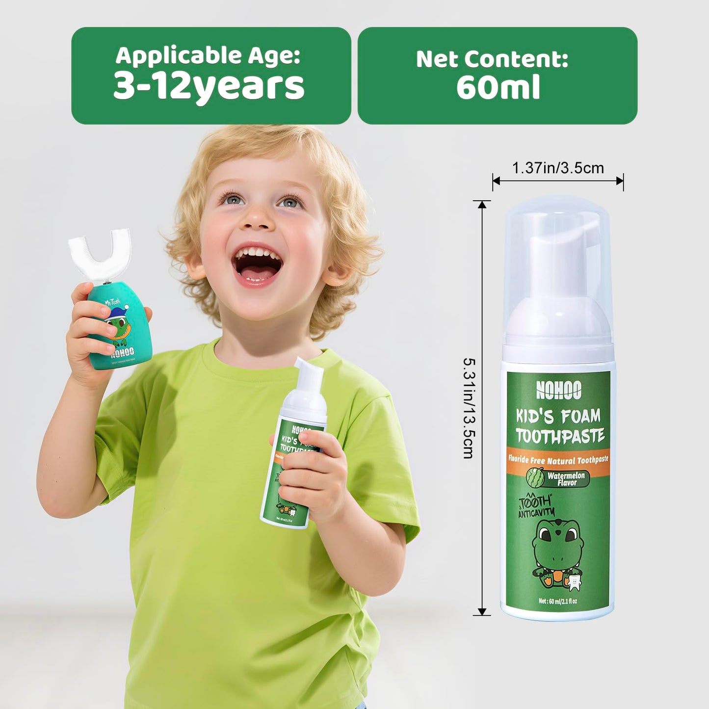 NOHOO Fluoride Free Foam Toothpaste for Kids - Natural Fruit Flavour Strawberry Orange Peach Watermelon