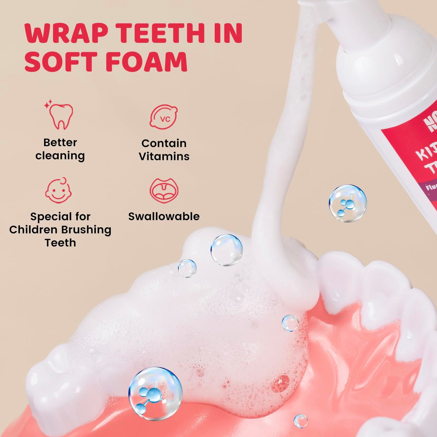 NOHOO Fluoride Free Foam Toothpaste for Kids - Natural Fruit Flavour Strawberry Orange Peach Watermelon