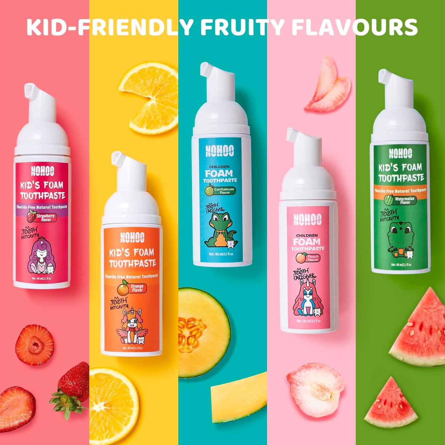 NOHOO Fluoride Free Foam Toothpaste for Kids - Natural Fruit Flavour Strawberry Orange Peach Watermelon
