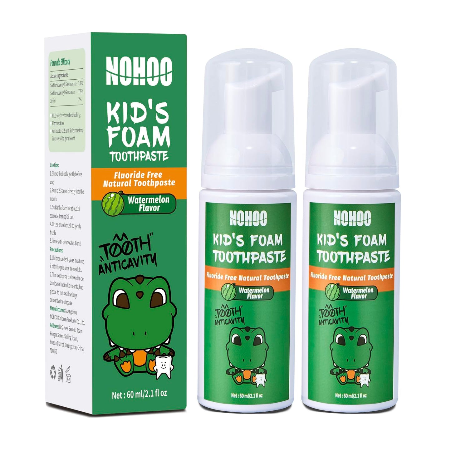 NOHOO Fluoride-Free Foam Toothpaste for Kids – Watermelon Flavor (2 Pack)