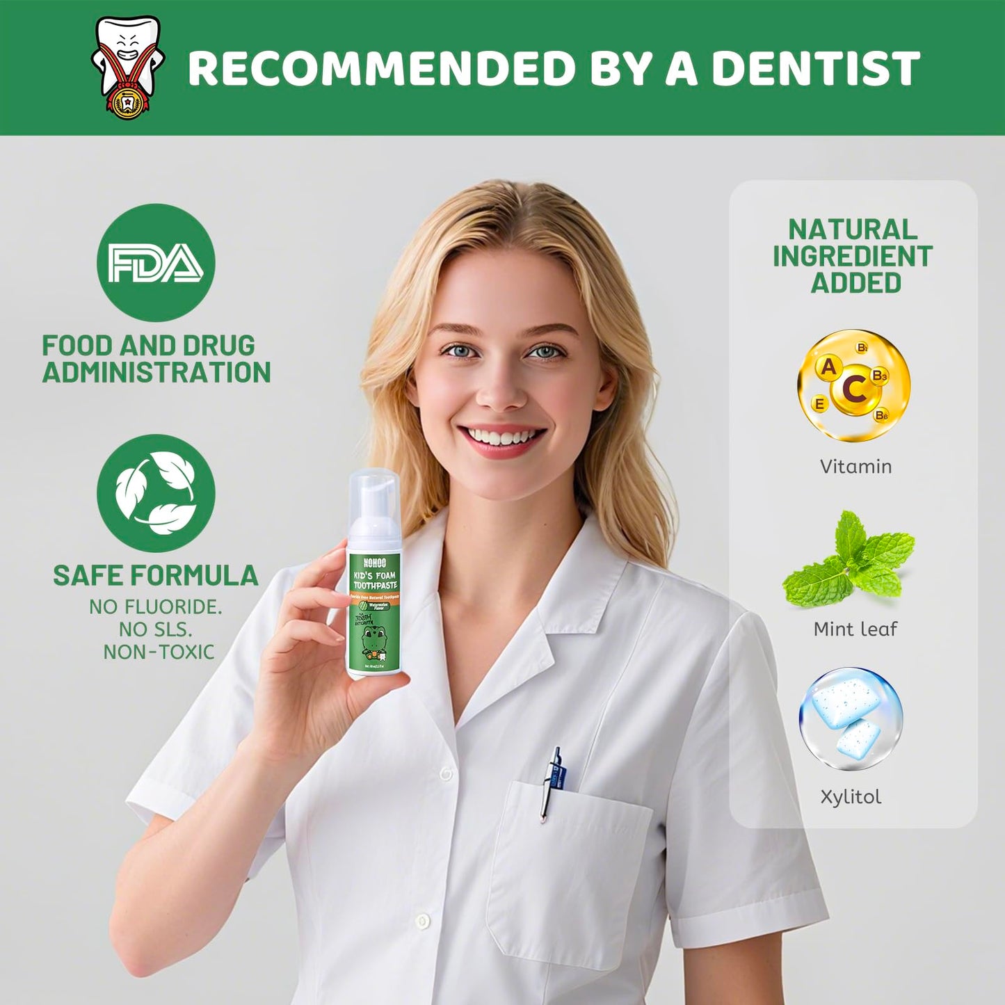 NOHOO Fluoride-Free Foam Toothpaste for Kids – Watermelon Flavor (2 Pack)