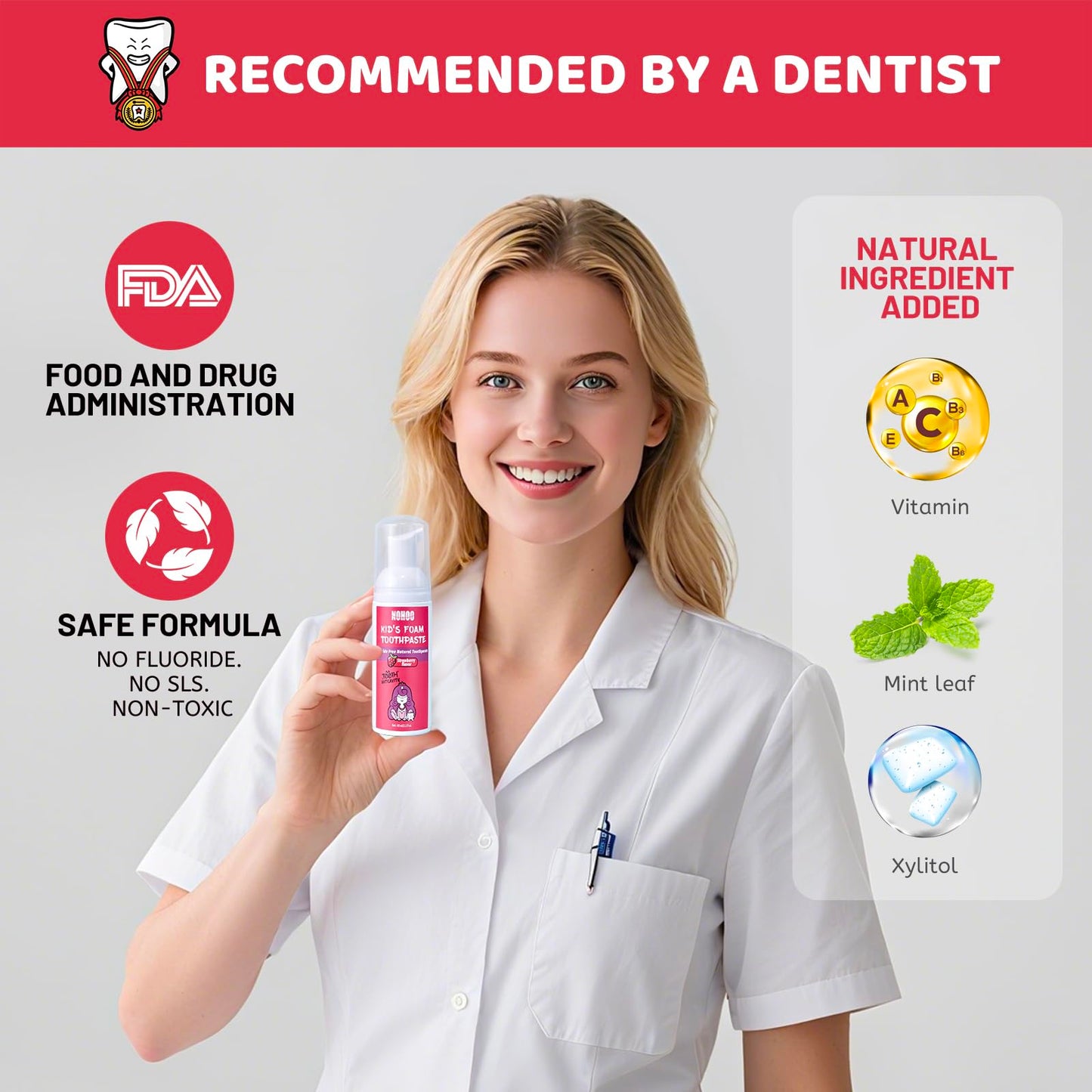 NOHOO Fluoride Free Foam Toothpaste for Kids - Natural Fruit Flavour Strawberry Orange Peach Watermelon