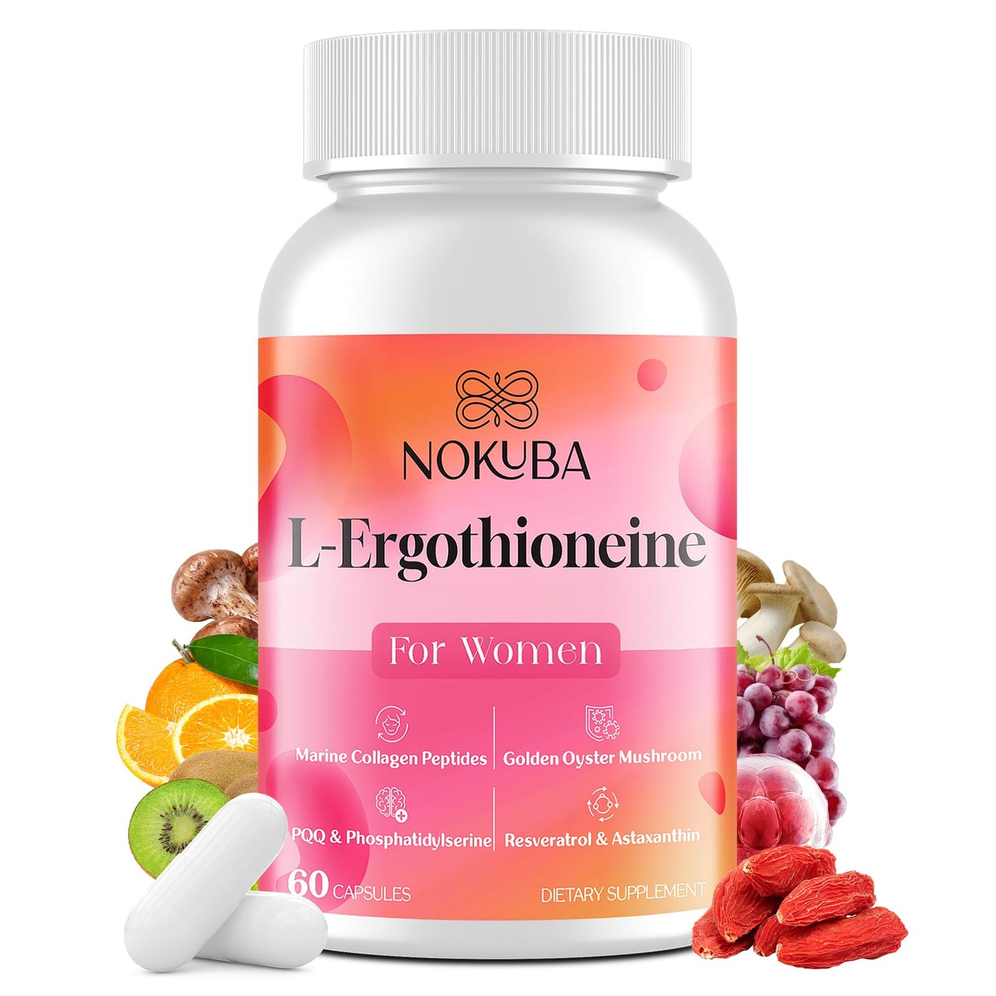 Nokuba L-Ergothioneine with Collagen Peptides & Hyaluronic Acid – 11-in-1 Mushroom Supplement for Women | 60 Capsules