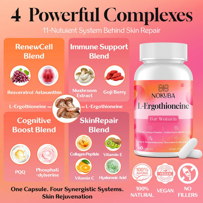 Nokuba L-Ergothioneine with Collagen Peptides & Hyaluronic Acid – 11-in-1 Mushroom Supplement for Women | 60 Capsules
